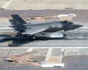 USN F-35C CF-3 during arrestment testing at Lakehurst with external stores.jpg